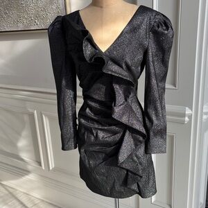 Eliza J Black Glitter Ruffle-Front Mini Dress